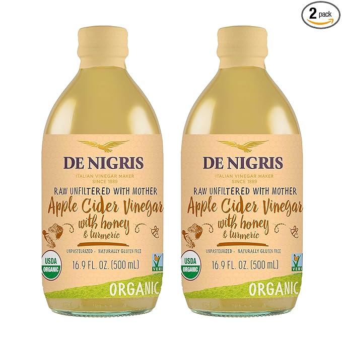De Nigris Organic Apple Cider Vinegar With Honey & Turmeric, Raw & Unfiltered 16,9 Oz (Pack of 2) | Apple Cider Vinegar With Mother For The Balance Of Metabolism, Organic