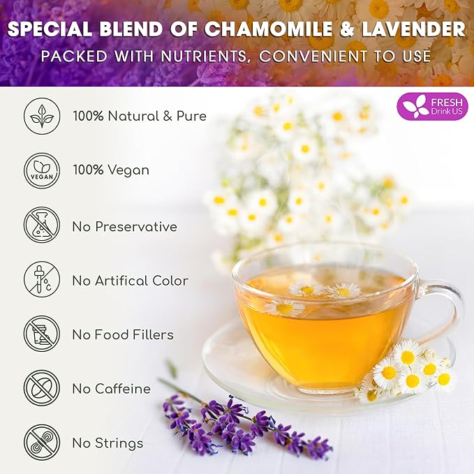 FreshDrinkUS, Premium 60 Chamomile Lavender Tea Bags, Calming Herbal Blend Strong Support for Relaxation & Better Sleep | Naturally Caffeine-Free Bedtime Tea with Soothing Floral Aroma, 100% Natural, Hand-made No Sugar/ Caffeine/ Gluten, Vegan