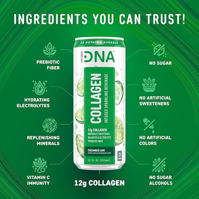 HYDRADNA- Sparkling Liquid Collagen Protein Water Drink Balanced Nutrients for Wellness - Sugar-Free - Keto-Friendly - No Gluten (12 Pack) Cucumber Lime