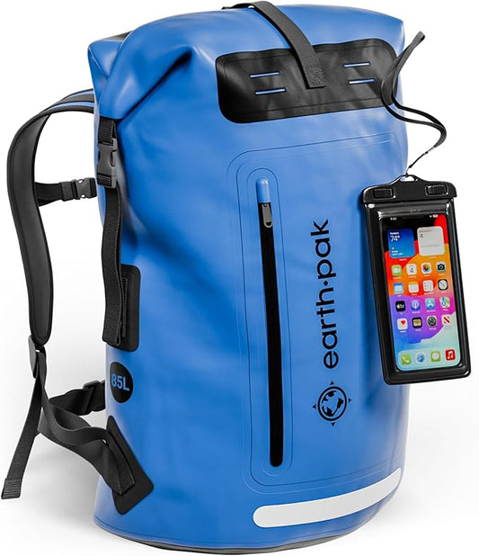 Earth Pak Waterproof Backpack - Heavy Duty Hiking Backpack - Roll-Top Closure - Waterproof Bag - Cushioned Dry Bags Waterproof w/ IPX8 Waterproof Phone Case - Wet Bag for Hiking, Kayak(Blue, 85L)