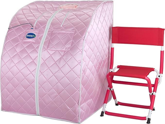 Durasage Personal Ultra Low EMF Portable Infrared Sauna Spa for Home – Detox, Relaxation, 30-Min Timer, Handheld Remote, Heated Footpad, and Chair (Light Pink)