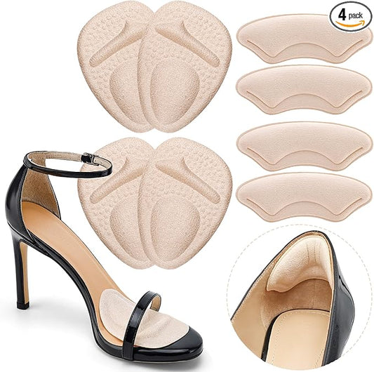 Heel Cushion Pads, Metatarsal Pads for Women, Ball of Foot Cushions, Liners for Pain Relief, Prevent Blisters Friction, Shoe Inserts for Loose Shoes to Make Fit Tighter (4 Pairs)