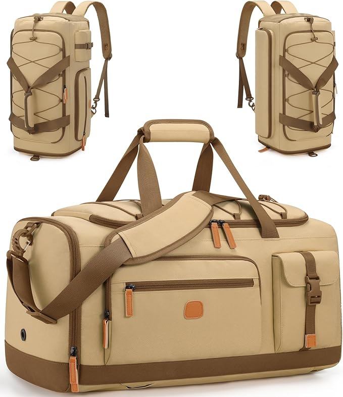 Gym Bag for Men and Women with Shoe & Laptop Compartment, 3-in-1 Sports Travel Duffel Bag Anti-Theft Weekender Carry-On Backpack for Airplane & Workout, Overnight Travel Bag,35L (Khaki, Medium)
