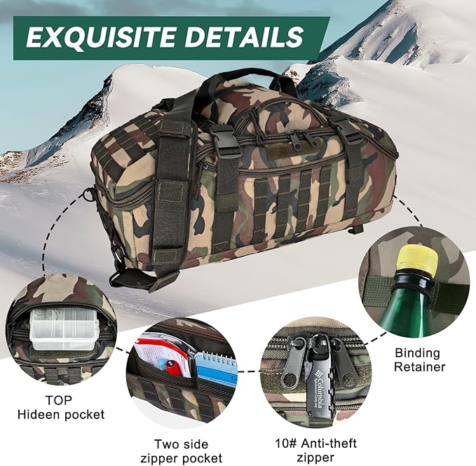 65L Large Duffle Bag, 3-in-1 Tactical Backpack MOLLE Pack for Gym, Sports, Outdoor, Woodland