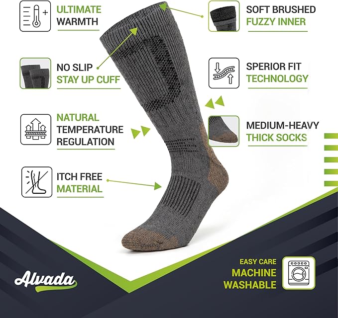 Alvada Merino Wool Hiking Socks Thermal Warm Crew Winter Boot Sock For Men & Women 3 Pairs