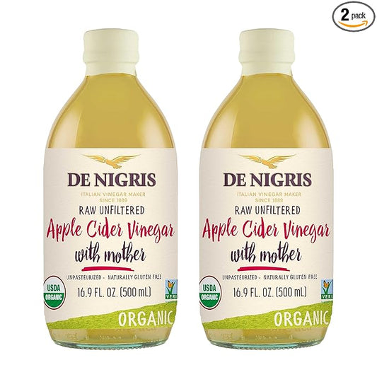 De Nigris Organic Apple Cider Vinegar Raw & Unfiltered 16,9 Oz (Pack of 2) | Apple Cider Vinegar With Mother A Source Of Functional Elements For The Balance Of Metabolism | Organic