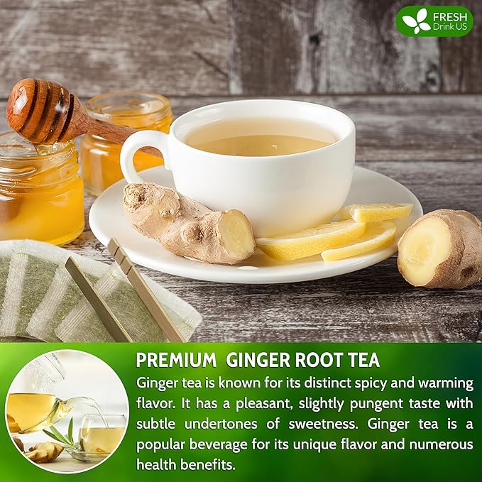FreshDrinkUS, 150 Premium Ginger Tea Bags, Non GMO, 100% Natural & Pure from Ginger Root, Root Herbal Tea. No Sugar, No Caffeine, No Gluten, Vegan. Support Stronger Digestion, Pleasantly Spicy & Warming