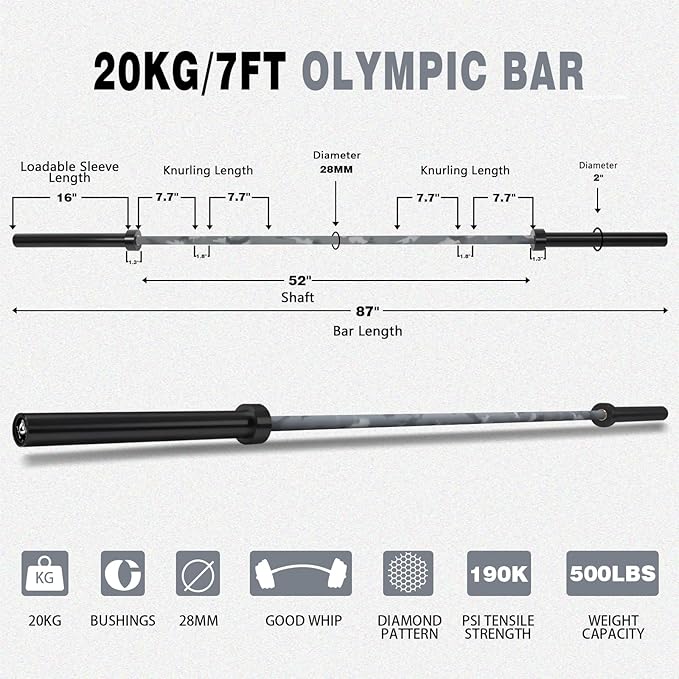 7ft Olympic Barbell for Strength Training and Olympic Weightlifting, 500 700 1000LBS Capacity Available, 2 Inch Bar for Squats, Home Gym Fitness Equipment, Bench Press, Deadlift,Powerlifting