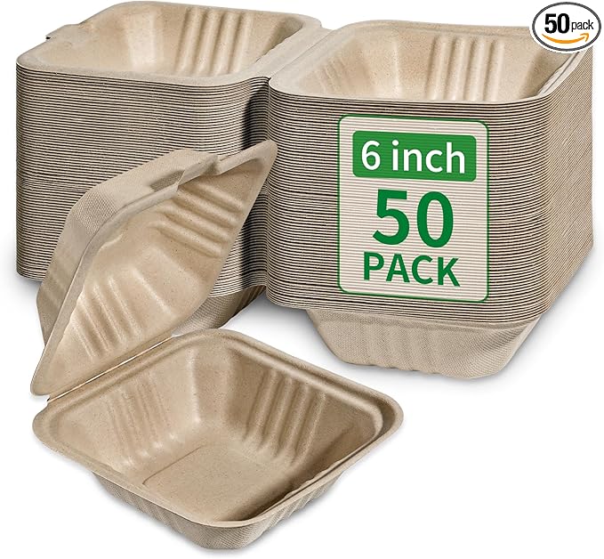 Aricsen Compostable 50 Pack 6x6 Inch Disposable Square Small Lunch Box Takeout Containers with Lid To Go Take Out Clamshell for Food, Eco-Friendly Biodegradable Bagasse, PFAS-Free, Unbleached Brown
