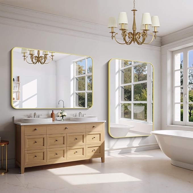 FORBATH 55x36 Inch Gold Bathroom Mirror for Over Sink, Large and Wide Rectangular Wall Mirror with Metal Frame, Rounded Corners for Bathroom, Bedroom, Entryway Decor (Horizontal or Vertical)