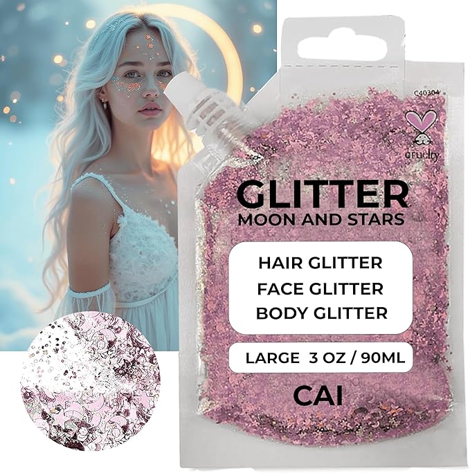 Hair Glitter Gel – 3 Oz Chunky Iridescent Holograph Stars & Moon, Cosmetic-Grade Glitter for Hair, Body & Face for Kids and Women, Applies Smoothly & Washes Off Easily - Rose/Gold 2Pack