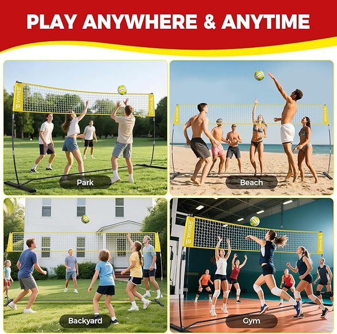 BAGAIL Volleyball Net, 12ft/20ft Portable Volleyball Net for Backyard - Adjustable Height, Heavy-Duty Frame, Freestanding Design - Portable Outdoor/Indoor Volleyball Set with Carry Bag