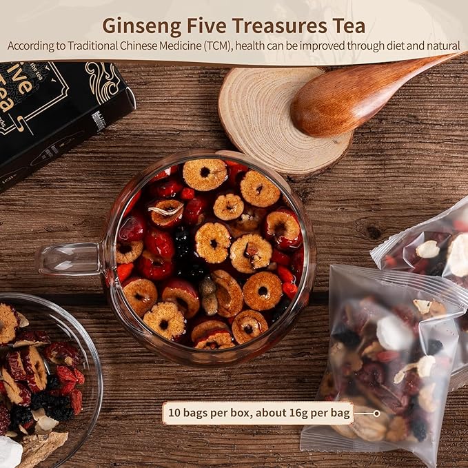 Ginseng Five Treasures Tea Kidney Tea, Traditional Chinese Herbal Tea, Natural Organic Kidney Cleanse Detox Tea for Women & Men, 7 Precious Ingredients Formula(1 Pack/25 Bags)