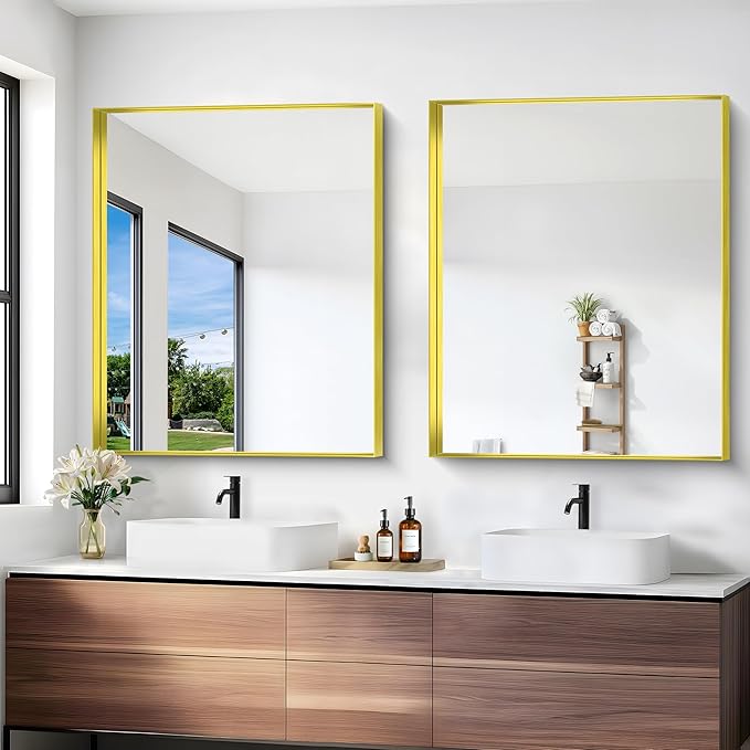 Gold Bathroom Mirror, 30x36 Inch Rectangular Framed Mirror, Large Wall Mounted Bathroom Vanity Mirror Over Sink for Bedroom,Restroom, Living Room, Hangs Vertically or Horizontally