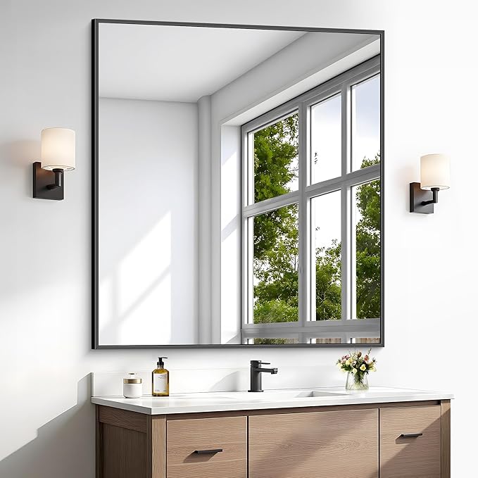 Bathroom Mirror,36x40 inch Wall Mirror for Bathroom Wall Mounted Black Rectangle Square Corner Mirrors, Black Bathroom Mirror for Living Room, Farmhouse, Bedroom Entryway, Horizontal/Vertical