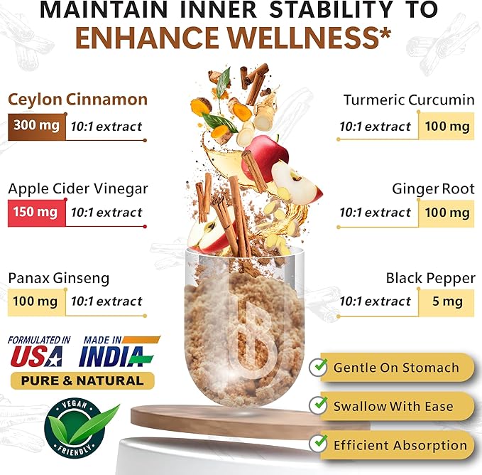6in1 Premium Ceylon Cinnamon Supplement Plus Apple Cider Vinegar, Turmeric, Ginger, Ginseng - Weight Management, Digestion - 100 Vegan Capsules
