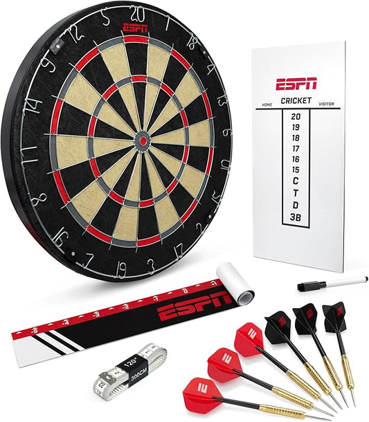 ESPN Dart Board Includes 6 Steel Tip Darts, Bristle Dartboard with Radial Spider Wire and Staple Free Bullseye, Ideal Party Games for Adults