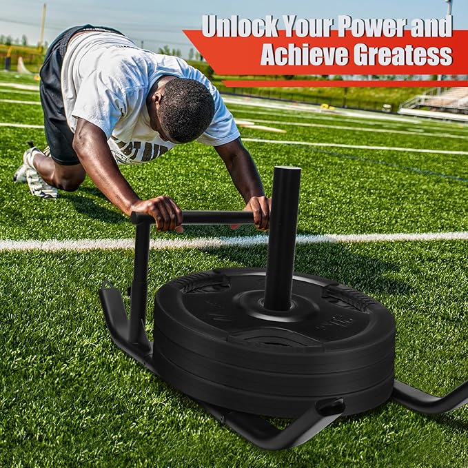 GDFISH Large Weight Sled, Adjustable Height Handle Push Sleds, Workout Fitness Sled for Training Running Speed, Compatible with 1" & 2" Weight Plate, Easy Obstacle Clearance for Grass, Sand, Cement