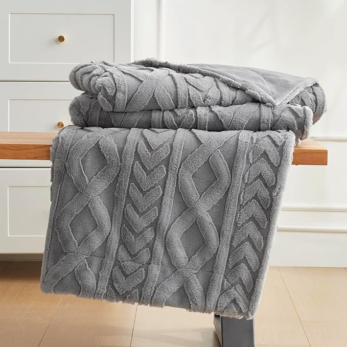 Cozy Bliss Faux Fur Throw Blanket for Couch, Jacquard Fuzzy Plush Soft Thick Winter Throw Blanket for Sofa Bed Living Room Bedroom，50"x60" Grey