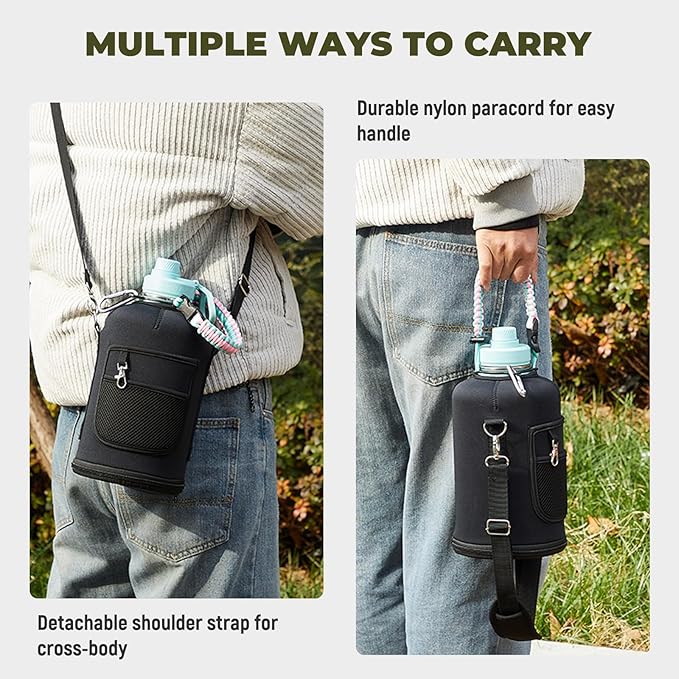 Half Gallon Insulated Water Bottle, 64 oz Triple Wall Stainless Steel Flask, Cold for 48 Hrs Leak-Proof & BPA-Free Jug with Paracord Handle, Straw & Spout Lids(2 pack,Mix Color)