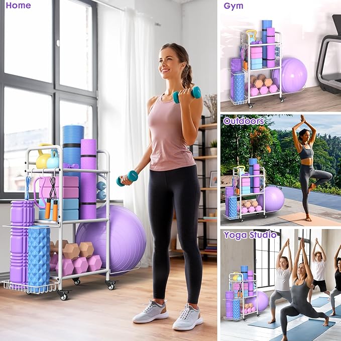 Home Gym Storage Rack Exercise Equipment Storage Organizer for Yoga Mat Dumbbells Kettlebells Foam Roller Yoga Strap & Resistance Bands, Ideal Yoga Mat Holder & Workout Equipment Organizer