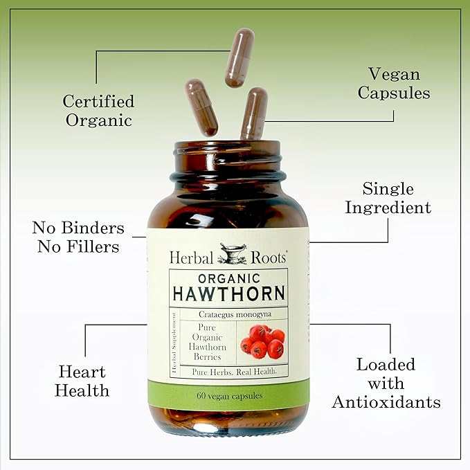 Herbal Roots Organic Hawthorn Berry Capsules | Extra Strength 1,200mg per Serving | 60 Vegan Capsules