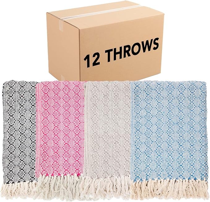 Arkwright Common Ground Bulk Blankets - Pack of 12 - Reversible 100% Cotton All Season Lightweight Couch Bed Throws for Wedding Guests, Travel, and Outdoor Events, 50 x 70 in, Aztec