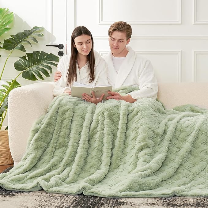 Cozy Bliss Faux Fur Throw Blanket for Couch - Soft Fuzzy Cozy Throw Gift Blankets for Women,Sage Green Boho Blanket for Sofa Bedroom Living Room.50 * 60 Inches
