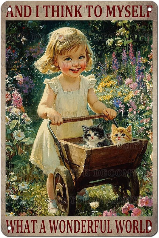 Garden Girl Metal Tin Sign Wall Art Rustic Vintage Outdoor Decor And I Think To Myself What A Wonderful World Quote 12 * 8inch