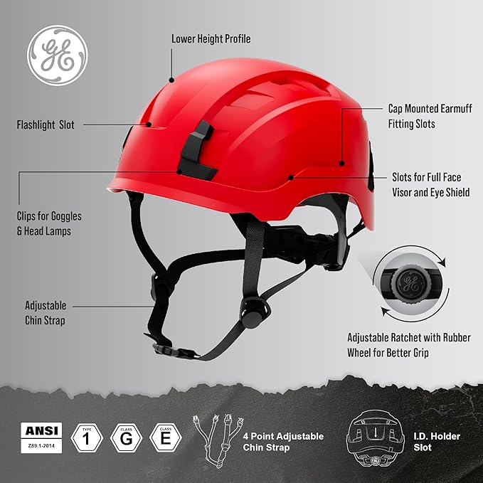GE Safety Helmet, Impact Absorbing Tech, Adjustable Ratchet, ANSI Type 1, Memory Foam Padding, Hard Hats Protection, Lightweight, Durable, Chin Strap, Comfortable Fit OSHA Approved