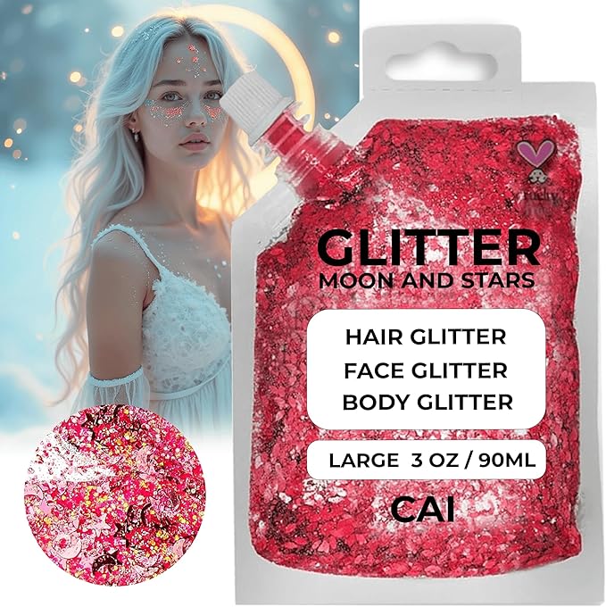 Hair Glitter Gel – Body Glitter for Kids and Women – Iridescent Holograph Cosmetic-Grade Gel w/Moon & Stars for Hair, Body & Face, Applies Smoothly w/o Glue & Washes Off Easily, 3 Oz - Red 2Pack