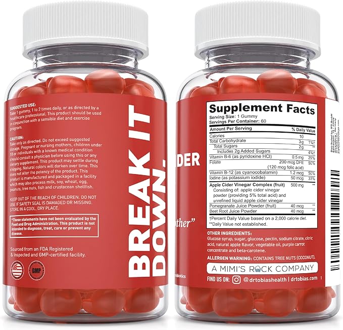 Dr. Tobias Apple Cider Vinegar Gummies, Includes 500 mg Apple Cider Vinegar with Mother, Folate, B12 & Iodine, Supports Gut Health, Cleanse & Detox, Vegan, Gluten-Free, 60 Gummies