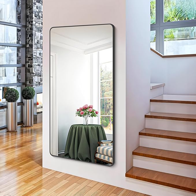 FORBATH Bathroom Mirror 30" x 55", Large Rectangular Wall Mirror with Black Aluminum Frame Rounded Corner, Wall Mounted Mirror for Bathroom Bedroom Entryway Living Room