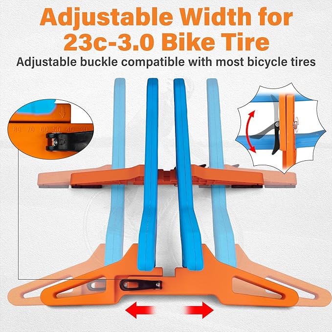 Adjustable Bike Parking Stand Fits 16-29 Inch Bicycles, Compatible with 23c-3.0 Tire Width – Heavy-Duty Plastic, Easy Installation, Stylish Two-Tone Design (Blue&Orange(2 Pack))