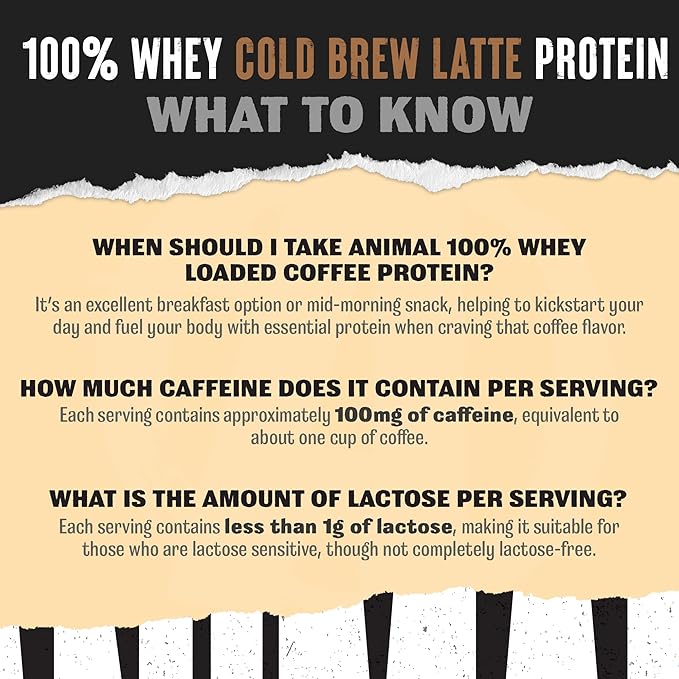 Animal 100% Whey Protein Powder Instant Iced Coffee – Real Coffee for Preworkout, Post Workout Whey Blend + 20g of Protein Shake, 120mg of Caffeine Meal Replacement with BCAA – Cold Brew Latte, 1 lb