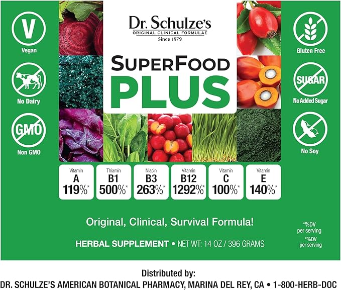 Dr. Schulze’s SuperFood Plus | Vitamin and Mineral Herbal Concentrate | Daily Nutrition | Gluten-Free and Non-GMO | Vegan | 14 Ounce Powder | Packaging May Vary