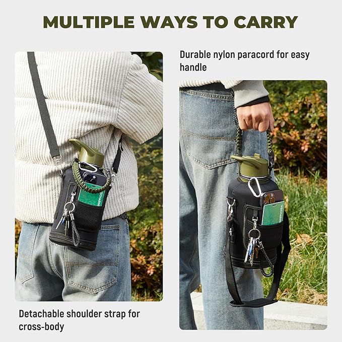 COKTIK Half Gallon Insulated Water Bottle, 64 oz Triple Wall Stainless Steel Flask,Cold for 48 Hrs Leak-Proof & BPA-Free Jug with Paracord Handle, Straw & Spout Lids(2 pack, Army Green)