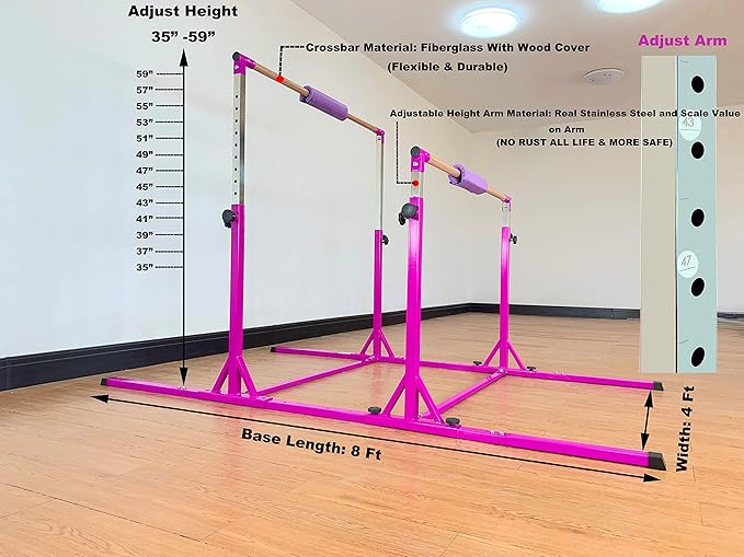 Gymnastics Double Horizontal Bars 3Play Parallel Bars Uneven Bars Gymnastics Training Kip Bar with 304 Stainless Steel Regulating Arms & Fiberglass Rail for Indoor Outdoor Home Club Use