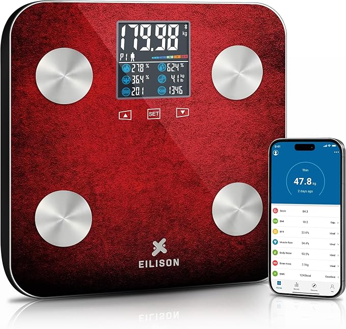 EILISON Highly Advance 2-in-1 Digital & Analog Weighing Scale for Body Weight-400lbs, 4 High Precison GX Sensor Accurate, Thick Tempered Glass, Extra Large Display (red) (Smart Red)