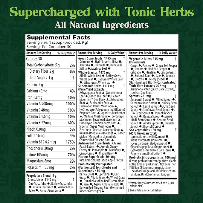 Dragon Herbs Tonic Alchemy Superfood Greens Powder with 91 Ingredients: Tonic Herbs, Ashwagandha, Mushrooms, Probiotics, Super Greens, Seaweeds, Fruits, Vegetables, Spirulina - 30 Servings
