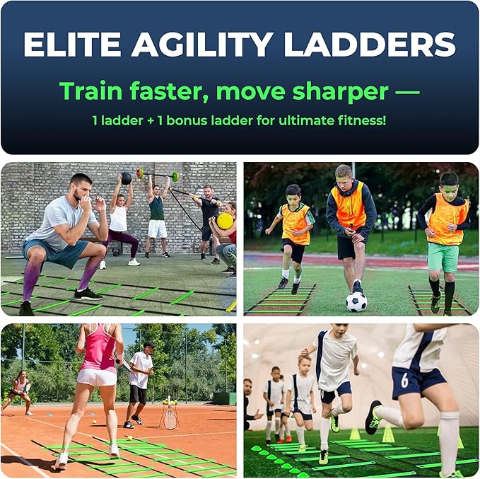 Agility Ladder Speed Training Equipment Set-2x 20ft Agility Ladder,12 Soccer Cones,4 Adjustable Hurdles, Jump Rope, Running Parachute| Basketball Football Soccer Training Equipment for Kids Adults
