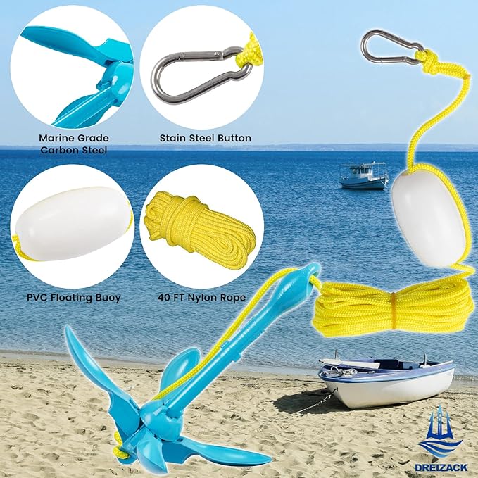 Dreizack Kayak Anchor Kit, 3.5 lb Folding Grapnel Boat Anchor Trolley Accessories with 40ft Rope and PVC Buoy for Fishing Kayaks SUP Paddle Boards Canoes Jet Ski PWC Inflatable Small Boats