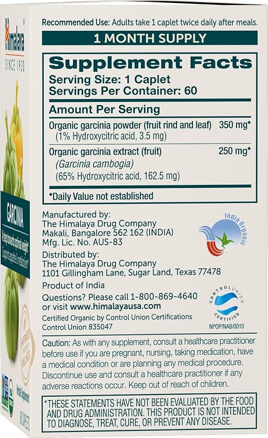 Himalaya Organic Garcinia Cambogia Herbal Supplement, Appetite Support, Lipid Metabolism, Weight Support, USDA Organic, Non-GMO, Vegan, 600 mg, 60 Plant-Based Caplets, 30 Day Supply