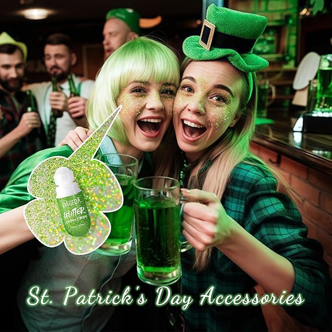 DAGEDA Green Body Glitter Gel, Roll-on Face Glitter for St Patricks Day Festival Rave Accessories, Holographic Hair Glitter Gel,Body Shimmer Mardi Gras Makeup for Rave Party