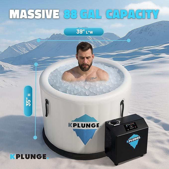 Arctic Fox 39" 1-Person Inflatable Cold Plunge Ice Bath or Hot Tub with 3/4 HP Chiller and Heater, PVC Insulated Lid, Hand Pump, Repair Kit, 88-Gallon Capacity, Indoor/Outdoor Tub – Gray