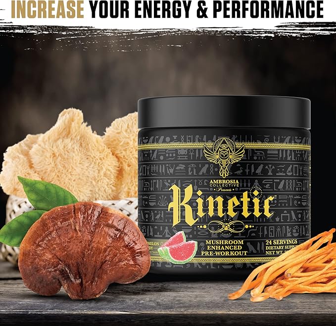 Ambrosia Kinetic Organic Preworkout, Mushroom Enhanced Natural Pre Workout Supplement, Nootropic Superfood Powder for Energy (Watermelon Candy)
