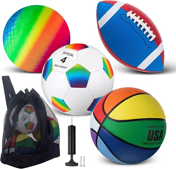 Deekin 4 Pcs Sport Balls Set for Kids Teens, Include Official Size 5 Basketball 4 Soccer 6 Football Playground Ball and Pump Sports Equipment Bag Recess Equipment Sport for Students(Rainbow Color)