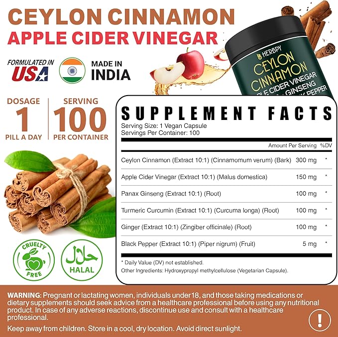 6in1 Premium Ceylon Cinnamon Supplement Plus Apple Cider Vinegar, Turmeric, Ginger, Ginseng - Weight Management, Digestion - 100 Vegan Capsules
