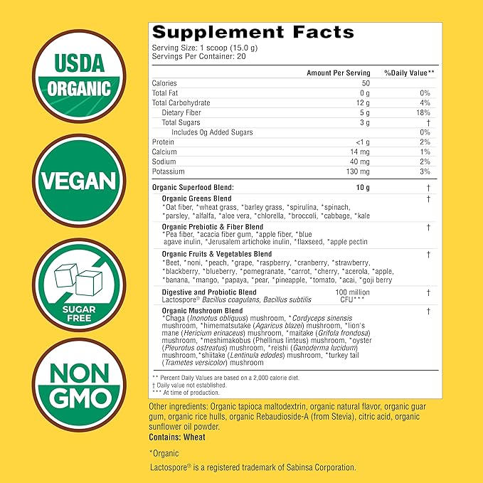 Country Farms Organic Super Greens Apple Banana Flavor, 50 Organic Super Foods, Packed with Fiber, USDA Organic Drink Mix, Fruits, Vegetables, Mushrooms & Probiotics, Supports Energy, 5g Fiber