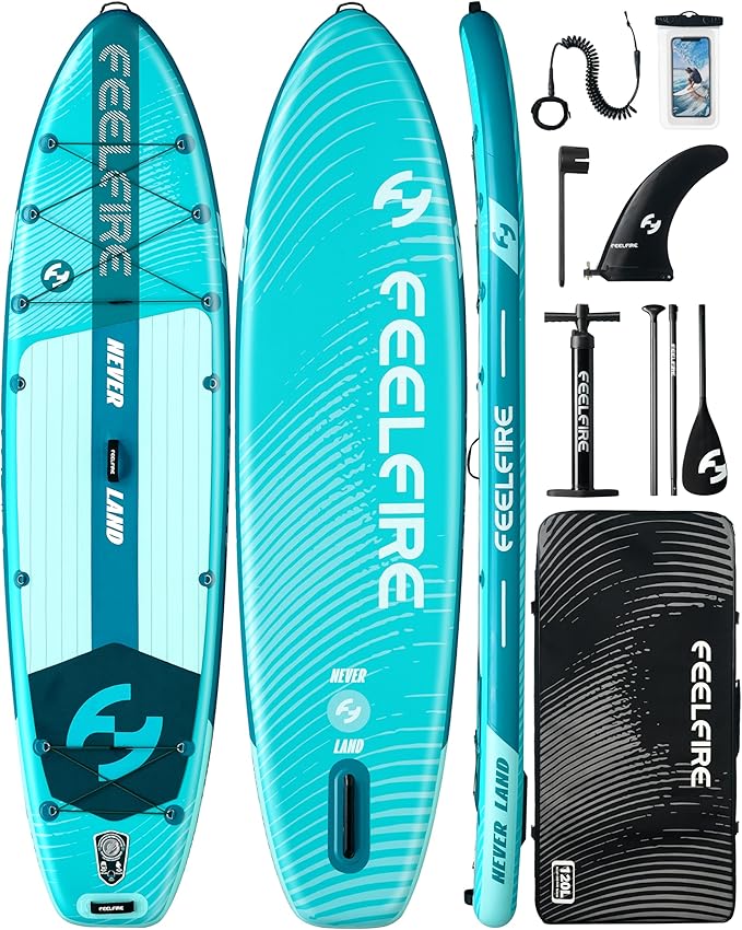 Feelfire11'x34” Extra Wide Inflatable Paddleboard, Stand-up Paddle Board for Adults, 420lb Capacity for Yoga/Fishing/Family, EVA Deck, US Fin, High-Pressure Pump, Storage Backpack, Safety Leash